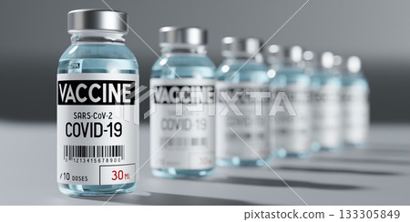 Many covid-19, SARS-CoV-2, coronavirus vaccine ampoules, selective focus - 3D illustration 133305849