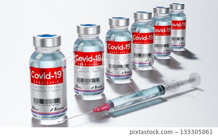 Covid-19, SARS-CoV-2, coronavirus vaccine ampoules and syringe - 3D illustration Covid-19, SARS-CoV-2, coronavirus vaccine ampoules and syringe - 3D illustration 133305861