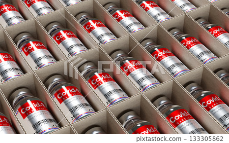 Covid-19, SARS-CoV-2, coronavirus vaccine ampoules in a box - 3D illustration 133305862