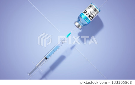 Covid-19, SARS-CoV-2, coronavirus vaccine ampoule and syringe, blue background - 3D illustration 133305868