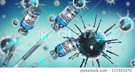 Covid-19, SARS-CoV-2, coronavirus vaccine ampoules and syringes, virus cells in background - 3D illustration Covid-19, SARS-CoV-2, coronavirus vaccine ampoules and syringes, virus cells in background - 3D illustration 133305870