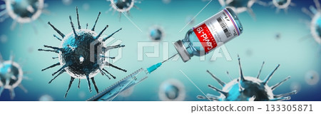 Covid-19, SARS-CoV-2, coronavirus vaccine ampoule and syringe, virus cells in background - 3D illustration 133305871