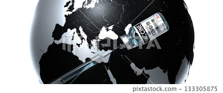 Covid-19, SARS-CoV-2, coronavirus vaccine ampoule and syringe, world map in background - 3D illustration Covid-19, SARS-CoV-2, coronavirus vaccine ampoule and syringe, world map in background - 3D illustration 133305875