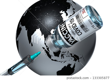 Covid-19, SARS-CoV-2, coronavirus vaccine ampoule and syringe, world map in background - 3D illustration Covid-19, SARS-CoV-2, coronavirus vaccine ampoule and syringe, world map in background - 3D illustration 133305877