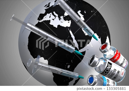 Covid-19, SARS-CoV-2, coronavirus vaccine ampoules and syringes, world map in background - 3D illustration 133305881
