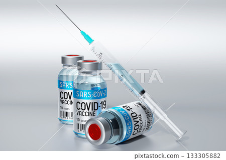 Three covid-19, SARS-CoV-2, coronavirus vaccine ampoules and syringe - 3D illustration 133305882