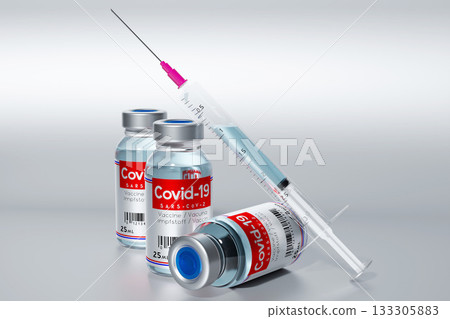 Three covid-19, SARS-CoV-2, coronavirus vaccine ampoules and syringe - 3D illustration Three covid-19, SARS-CoV-2, coronavirus vaccine ampoules and syringe - 3D illustration 133305883