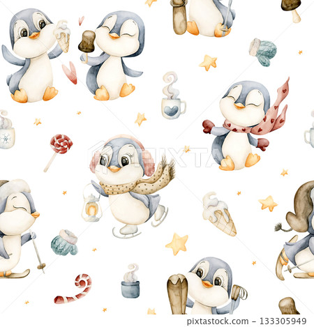 Cute Penguins Winter Fun Sports Seamless Pattern. Watercolor hand drawn illustration isolated on white background for north design Christmas or Valentine holiday print baby cloth kids fabric nursery Cute Penguins Winter Fun Sports Seamless Pattern. Watercolor hand drawn illustration isolated on white background for north design Christmas or Valentine holiday print baby cloth kids fabric nursery 133305949