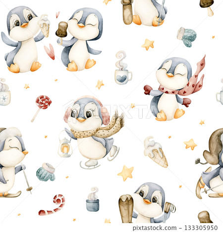 Cute Penguins Winter Fun Sports Seamless Pattern. Watercolor hand drawn illustration isolated on white background for north design Christmas or Valentine holiday print baby cloth kids fabric nursery 133305950