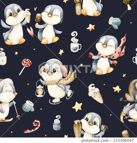 Cute Penguins Winter Fun Sports Seamless Pattern. Watercolor hand drawn illustration isolated on dark blue background north design Christmas or Valentine holiday print baby cloth kids fabric nursery Cute Penguins Winter Fun Sports Seamless Pattern. Watercolor hand drawn illustration isolated on dark blue background north design Christmas or Valentine holiday print baby cloth kids fabric nursery 133306047