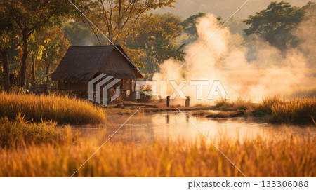 Misty morning sunlight over rural Thai countryside, traditional bamboo hut by rice field, warm golden tones, peaceful and serene 133306088