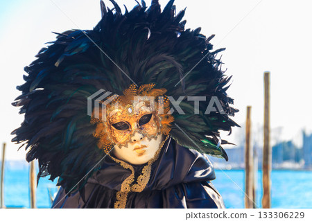 Venetian mask during the annual Venice Carnival in Venice, Italy 133306229