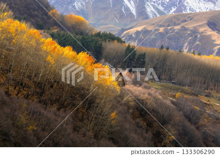 Cozy wooden house and autumn forest. View to the distance. 133306290