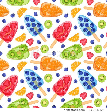 Seamless pattern of colorful fruit ice pop with slice of strawberry, kiwi, orange and blueberry on a white background in cartoon style. 133306425