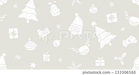 Christmas seamless pattern with cute white Santa Claus, reindeer, Christmas trees, gifts, and festive decorations on a pastel grey background. 133306588
