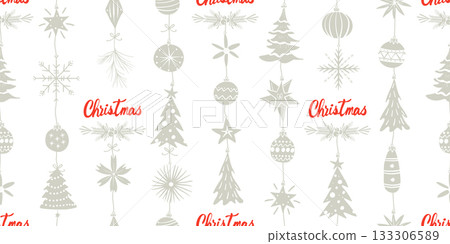 Christmas seamless pattern with cute red and pastel grey hanging ornaments and festive decorations on a white background. Christmas seamless pattern with cute red and pastel grey hanging ornaments and festive decorations on a white background. 133306589