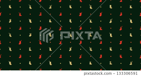 Christmas seamless pattern with cute red and gold stocking on a dark green background. 133306591