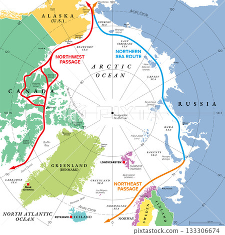 Arctic Ocean sea routes, multi colored political map. Northwest Passage, and Northeast Passage with the Northern Sea Route. Maritime shipping routes, used by vessels to navigate through the Arctic. Arctic Ocean sea routes, multi colored political map. Northwest Passage, and Northeast Passage with the Northern Sea Route. Maritime shipping routes, used by vessels to navigate through the Arctic. 133306674