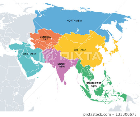 Subregions of Asia, political map. Main regions of continent Asia. North, Central, East, West, South, and Southeast Asia. Ural Mountains and River are the informal boundaries between Asia and Europe. 133306675