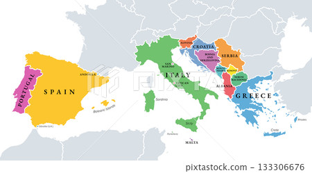 Southern Europe, colored political map of Mediterranean Europe with the major countries Portugal, Spain, Italy, and Greece, as well as the Central Balkans, Andorra, Malta, San Marino and Vatican City. 133306676