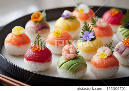 五彩繽紛的日式手鞠壽司球，為盂蘭盆節裝飾。 133306701