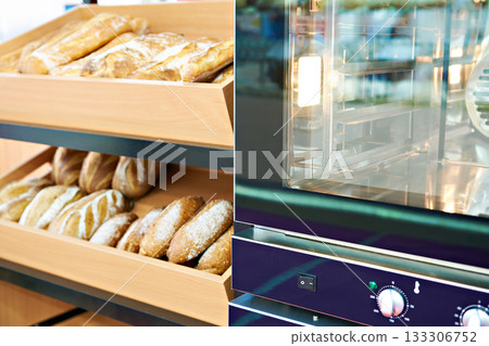 Oven and loaves of bread on shelf 133306752