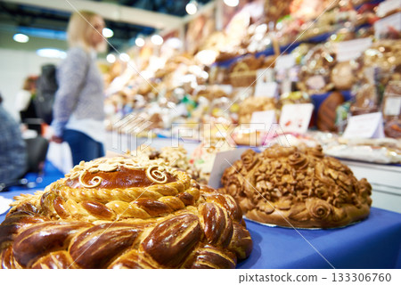 Bread loafs Korovai with patterns in pastry shop 133306760