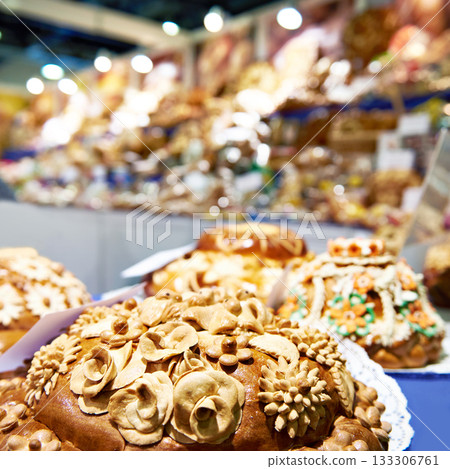 Bread loafs Korovai with patterns in pastry shop 133306761