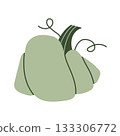 Simple minimalist pumpkin in soft sage tones with elegant vine details. Perfect for fall decor, stickers, branding, cards, and seasonal designs. Clean flat vector style ideal for print and digital. 133306772