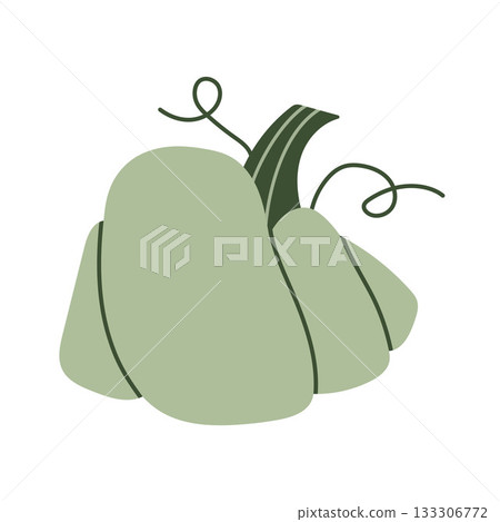 Simple minimalist pumpkin in soft sage tones with elegant vine details. Perfect for fall decor, stickers, branding, cards, and seasonal designs. Clean flat vector style ideal for print and digital. 133306772
