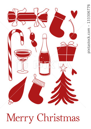Hand-drawn Christmas card with pine tree, champagne and candy cane, stockings and ornaments in red color 133306776