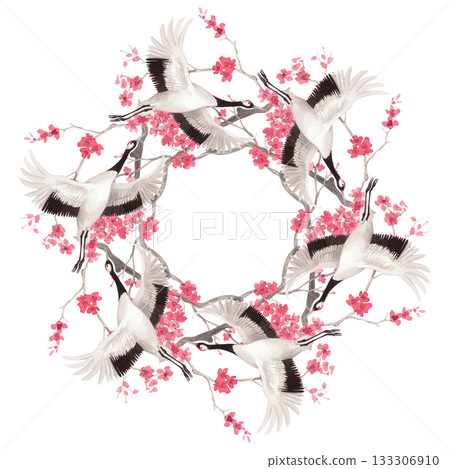 Wreath of flying japanese cranes and sakura. Watercolor handmade illustration. For fabric, wallpaper, greeting cards, design, decoration and illustration. 133306910