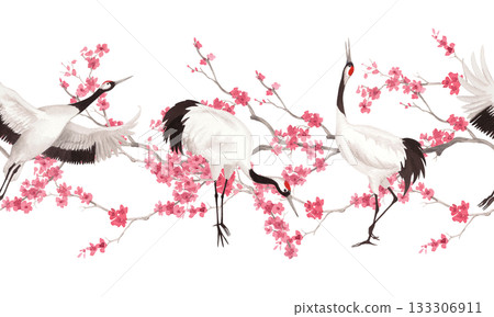 Seamless border of sakura branches and japanese cranes. Watercolor handmade illustration. For fabric, wallpaper, greeting cards, design, decoration and illustration. Seamless border of sakura branches and japanese cranes. Watercolor handmade illustration. For fabric, wallpaper, greeting cards, design, decoration and illustration. 133306911
