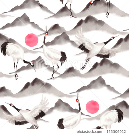 Seamless pattern of japanese cranes with the mountains on a background. Watercolor handmade illustration. For fabric, wallpaper, greeting cards, design, decoration and illustration. Seamless pattern of japanese cranes with the mountains on a background. Watercolor handmade illustration. For fabric, wallpaper, greeting cards, design, decoration and illustration. 133306912