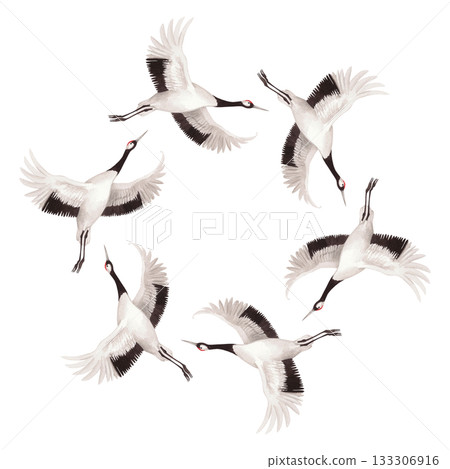 Wreath of flying japanese cranes. Watercolor illustration of crane. Delicate illustration for fabric, wallpaper, greeting cards, design, decoration and illustration. 133306916