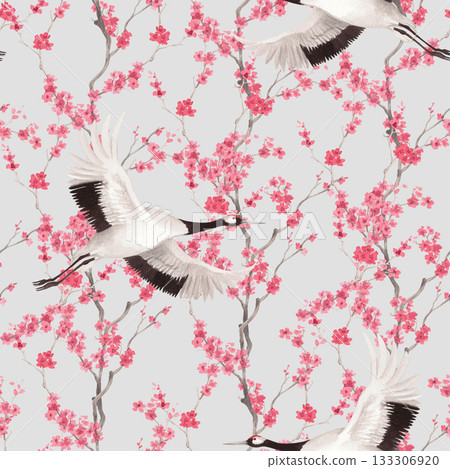 Seamless pattern of japanese cranes with the sakura branches on a grey background. Watercolor handmade illustration. For fabric, wallpaper, greeting cards, design, decoration and illustration. 133306920