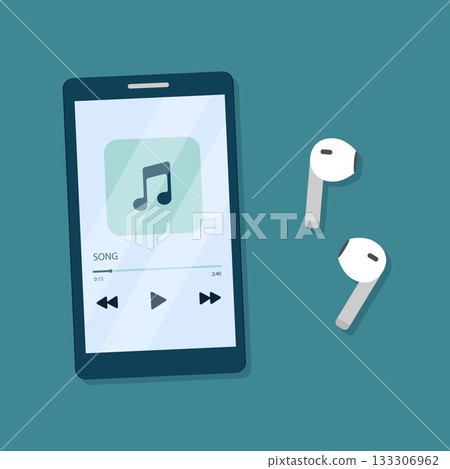 Music player on mobile phone screen with wireless earphones. Vector illustration in flat cartoon style. Music player on mobile phone screen with wireless earphones. Vector illustration in flat cartoon style. 133306962