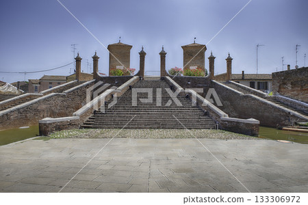 View over the Trepponti Bridge, iconic landmark in Comacchio, Italy 133306972