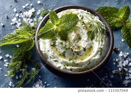 Greek tzatziki dip with fresh mint and dill in rustic bowl Greek tzatziki dip with fresh mint and dill in rustic bowl 133307049