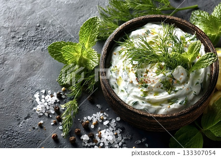 Traditional greek tzatziki dip with fresh herbs and spices on dark background Traditional greek tzatziki dip with fresh herbs and spices on dark background 133307054