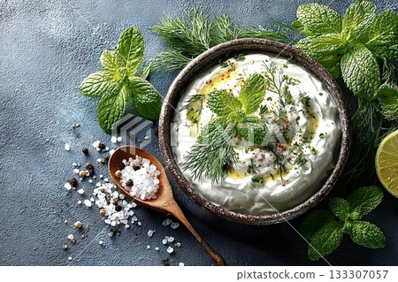 Greek yogurt dip with fresh herbs, olive oil and spices in a bowl 133307057