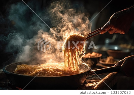 Chef using chopsticks lifting steaming hot spaghetti from wok pan 133307083