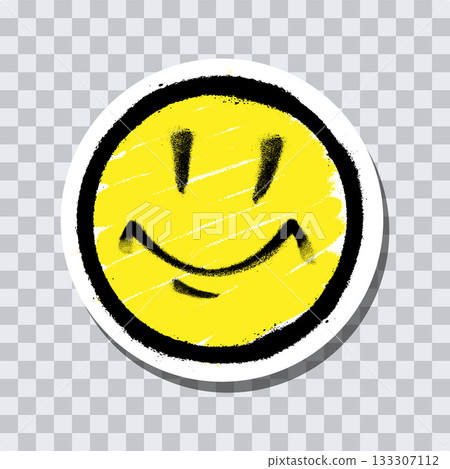 Grunge yellow smiley face on transparent background sticker. 133307112