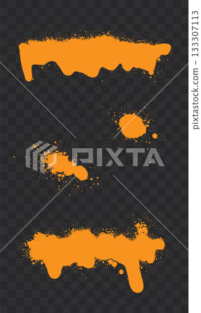 Orange spray paint splatter with drips on transparent checkered background. 133307113