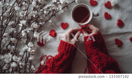Hands in a red knit sweater holding cup of coffee 133307192