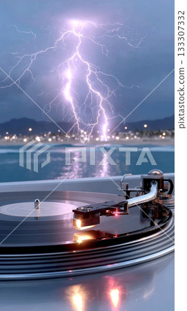 Lightning strikes over beach near turntable: captivating oceanfront soundscape Lightning strikes over beach near turntable: captivating oceanfront soundscape 133307332