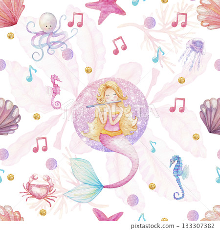 Watercolor seamless pattern with mermaid girl and pastel sea elements 133307382