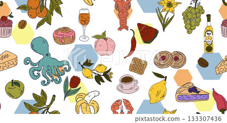 A vibrant seamless pattern featuring food and drink: sweets, fruits, seafood, baked goods, and beverages, all hand-drawn in a sketchy style. Fun, playful, and perfect for packaging and textiles. 133307436