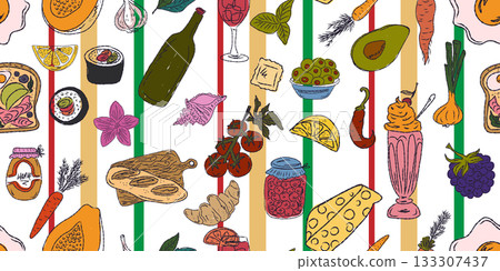 A vibrant seamless pattern featuring food and drink: sweets, fruits, seafood, baked goods, and beverages, all hand-drawn in a sketchy style. Fun, playful, and perfect for packaging and textiles. A vibrant seamless pattern featuring food and drink: sweets, fruits, seafood, baked goods, and beverages, all hand-drawn in a sketchy style. Fun, playful, and perfect for packaging and textiles. 133307437