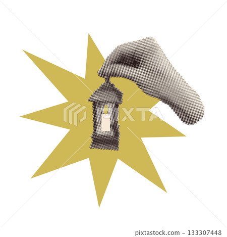 Hand holding a Christmas small vintage lantern with candle inside. Trendy retro paper element with halftone effect for a greeting card, collage, cover design. Mixed media 133307448